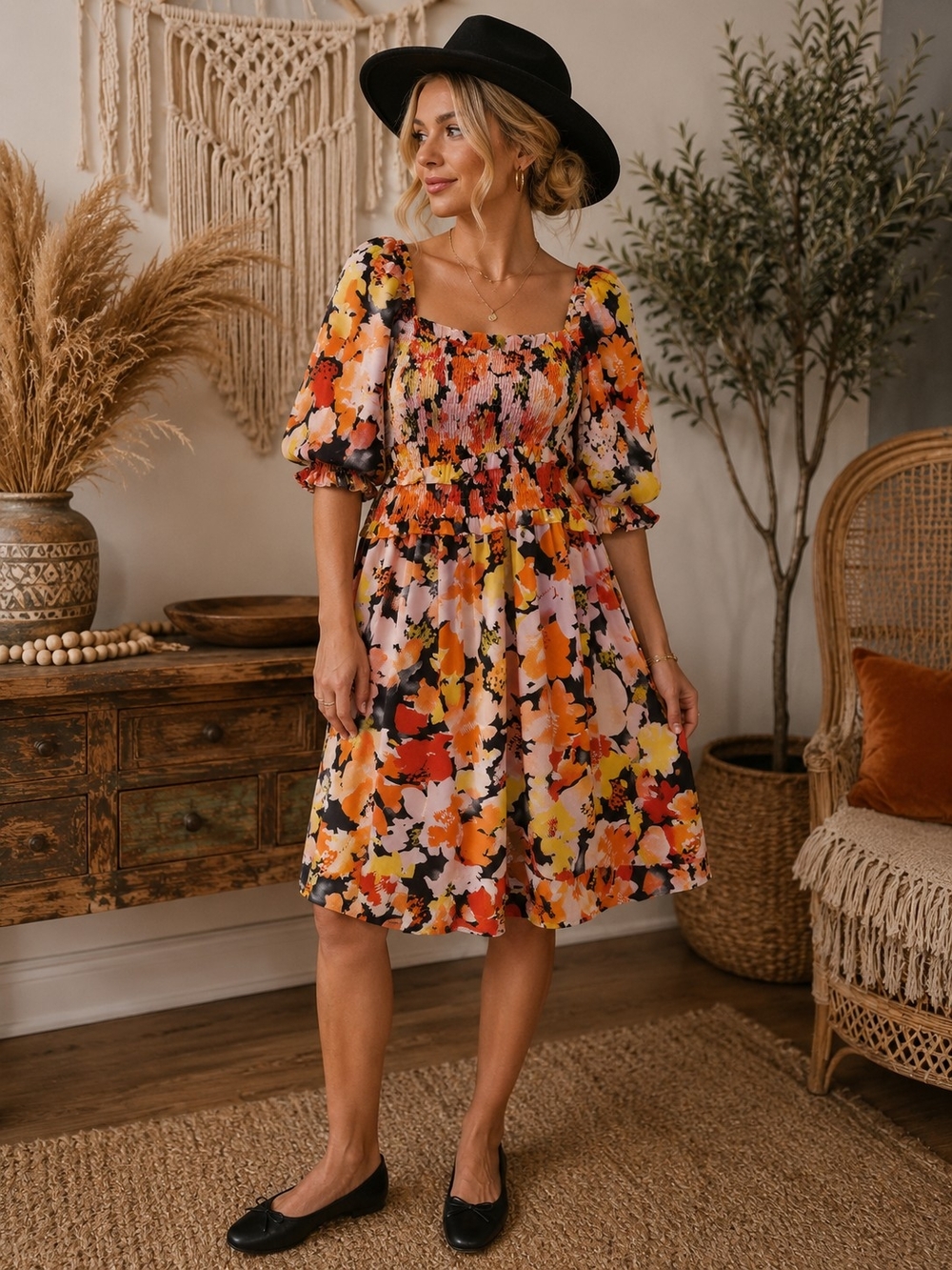 Umgee Orange Multi Floral Smocked Puff-Sleeve Midi Dress